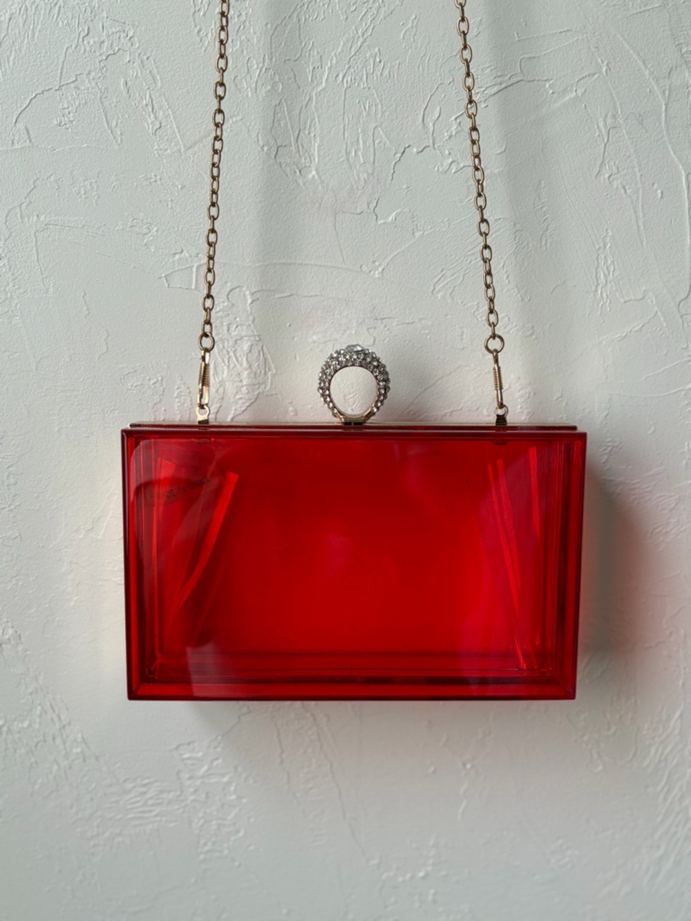 Red Acrylic Box Clutch Rhinestone Ring Clasp Gold Chain Evening Bag - Picture 3 of 14